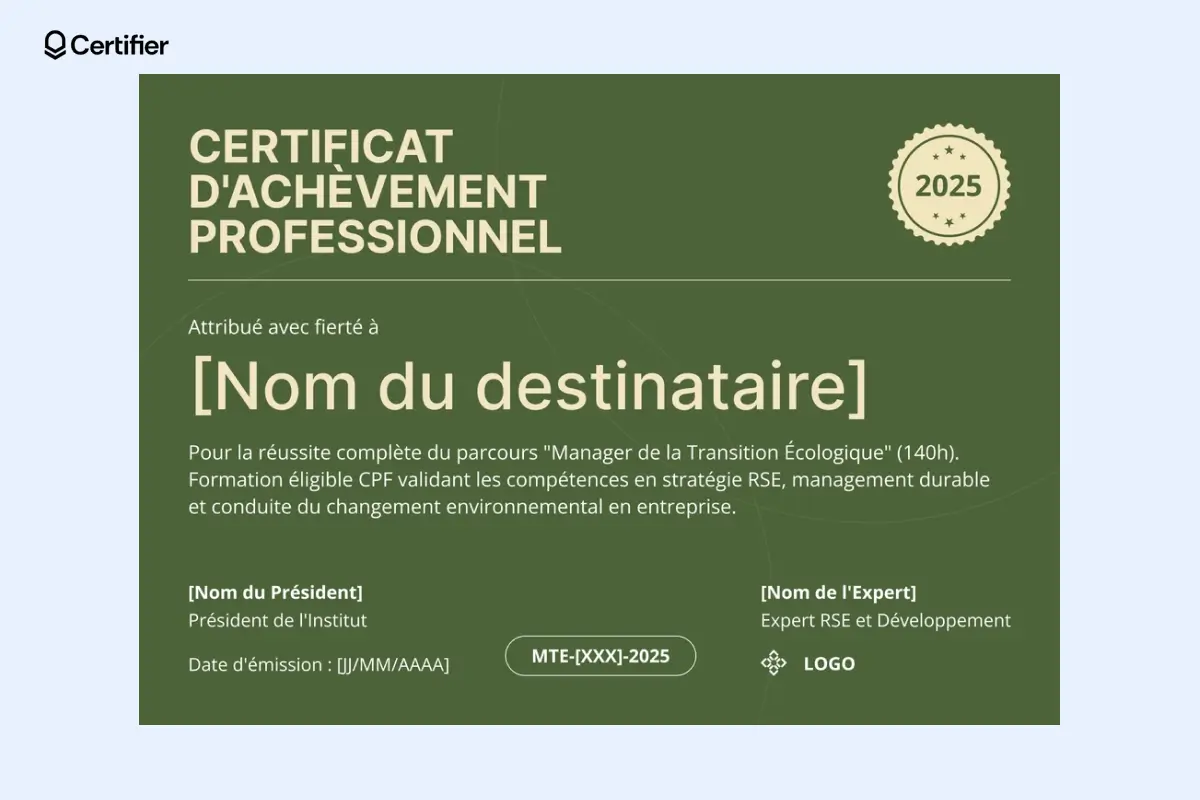 Modèle diplôme PowerPoint géométrique avec zone pour QR code, date et identifiant de certificat.