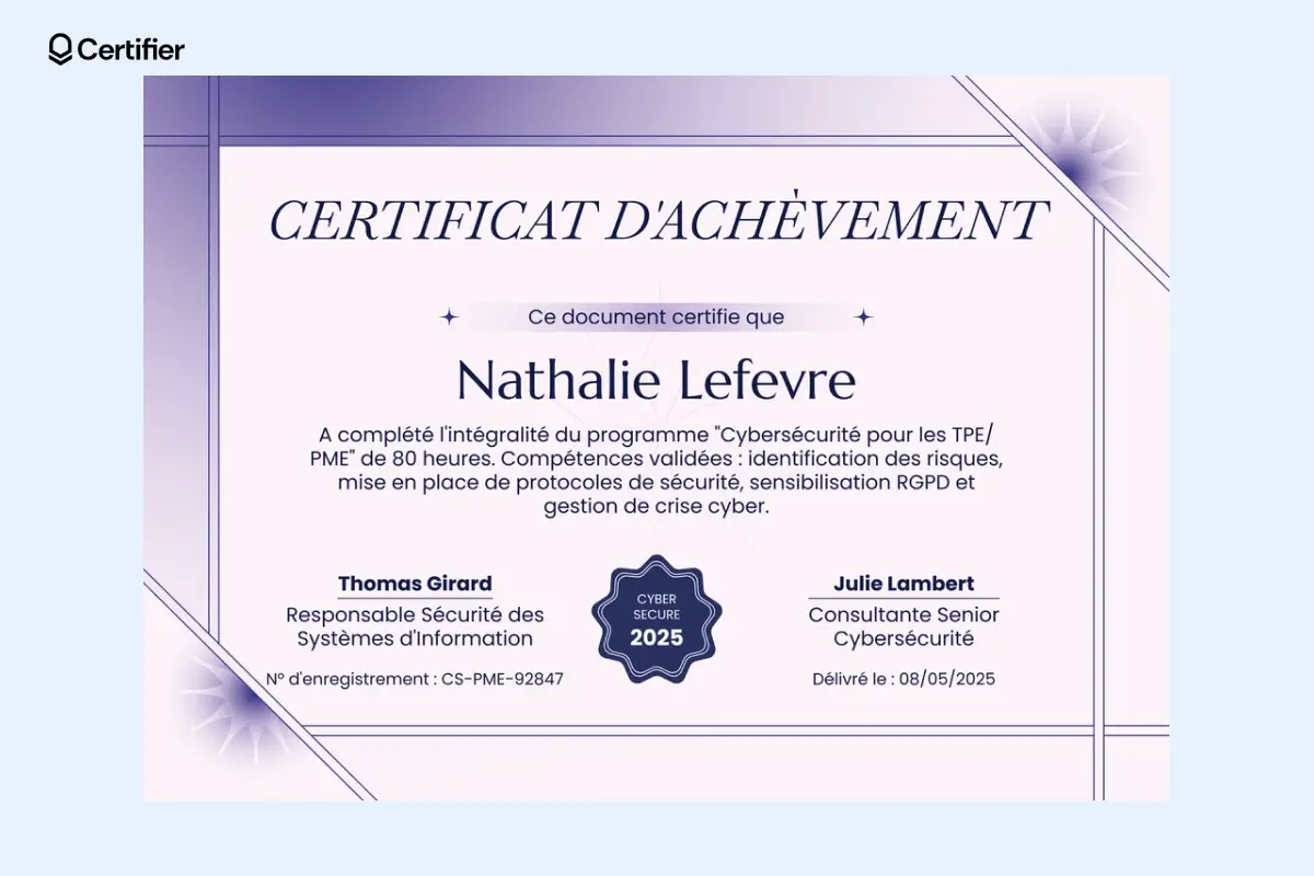 Modèle diplôme PowerPoint moderne et organisé avec QR code, identifiant et date.