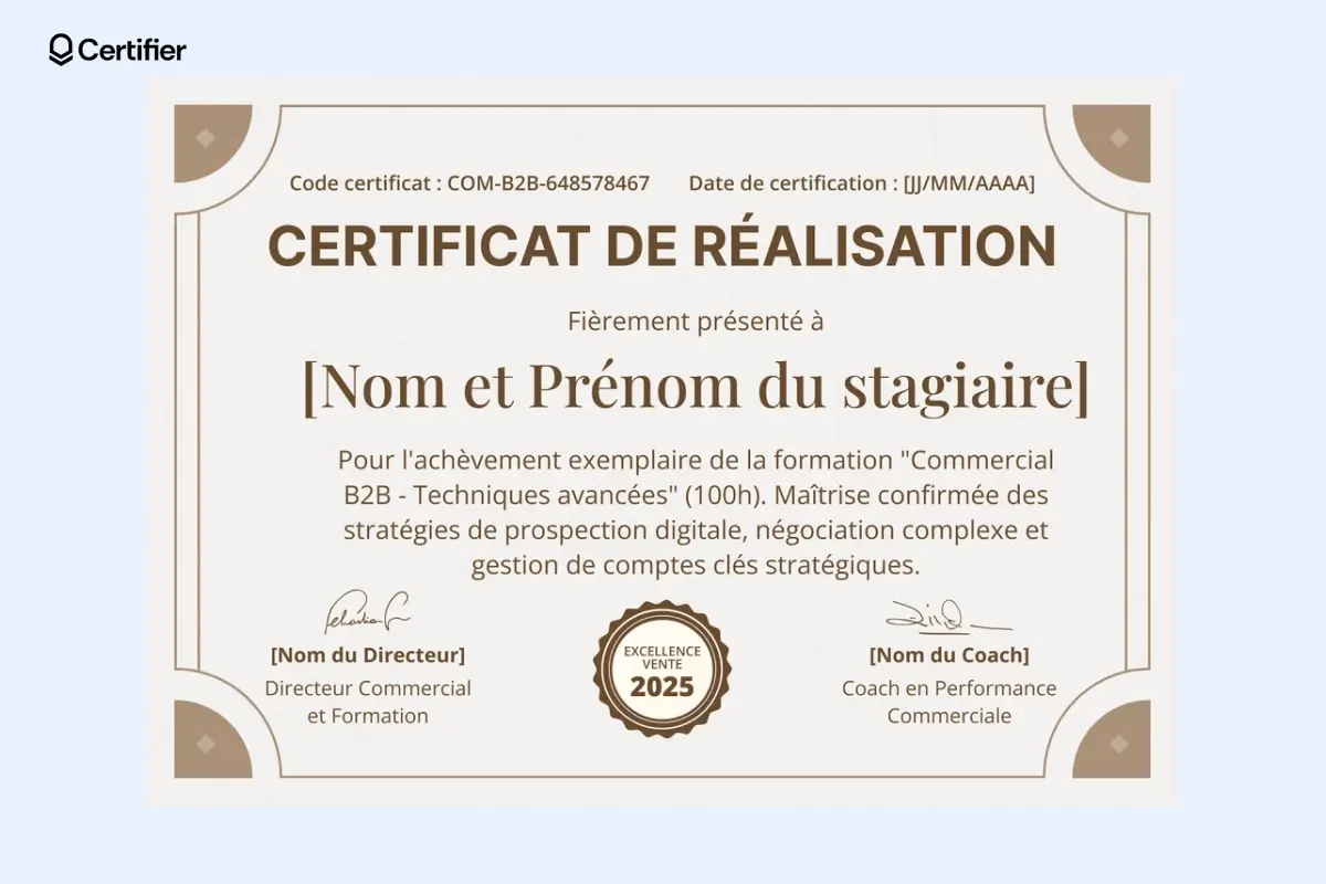 Modèle diplôme PowerPoint traditionnel avec ruban brun et doré, zone pour ID et date d’émission.