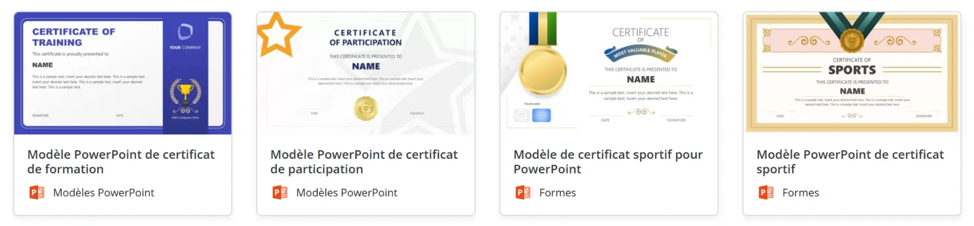 Slide Model: Exemples de modèles PowerPoint de certificat, incluant des certificats de formation, de participation et sportifs, prêts à personnaliser.
