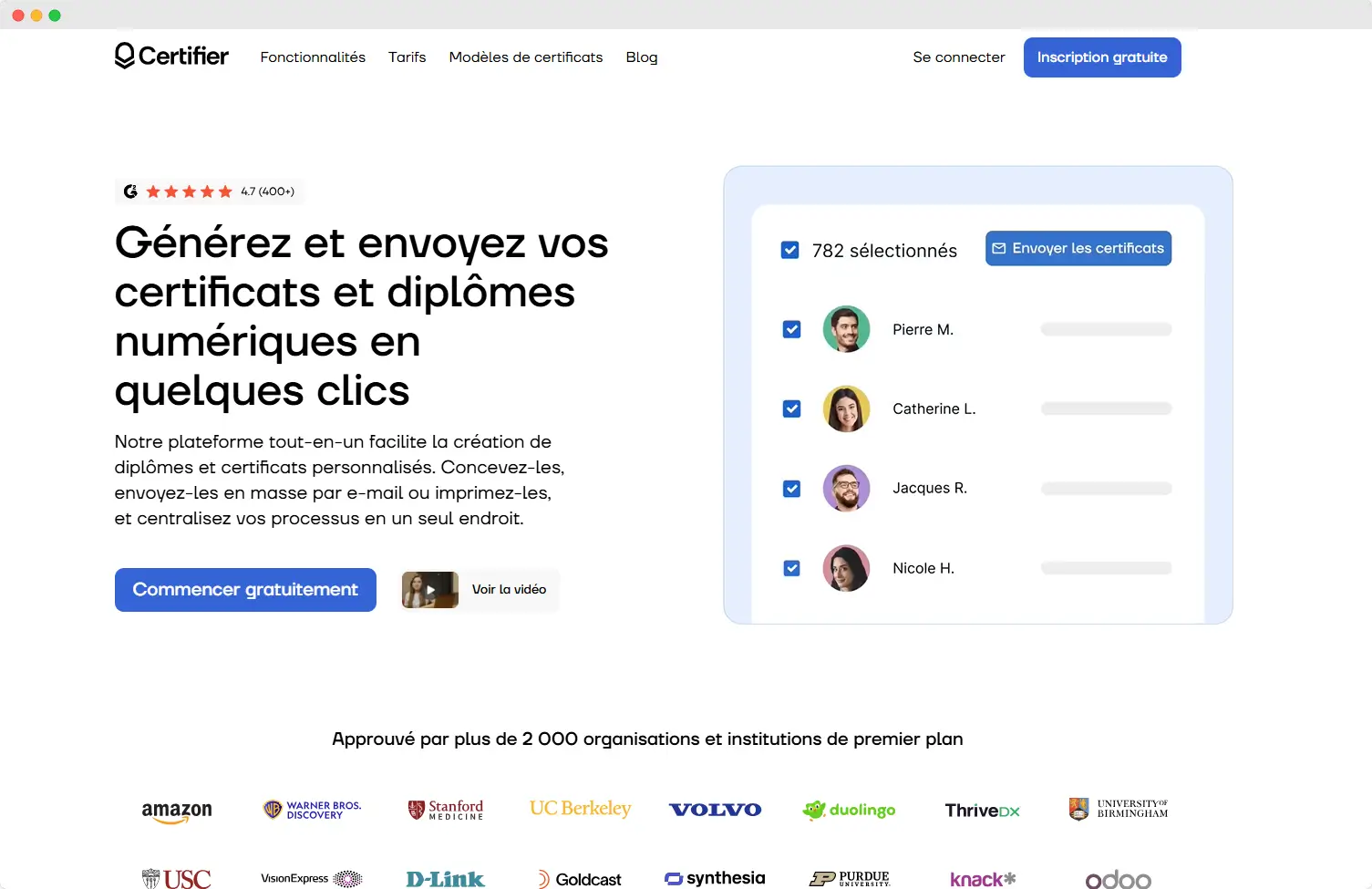Générateur de certificat numérique Certifier, idéal pour émettre des certificats en masse avec vérification et envoi automatisé.