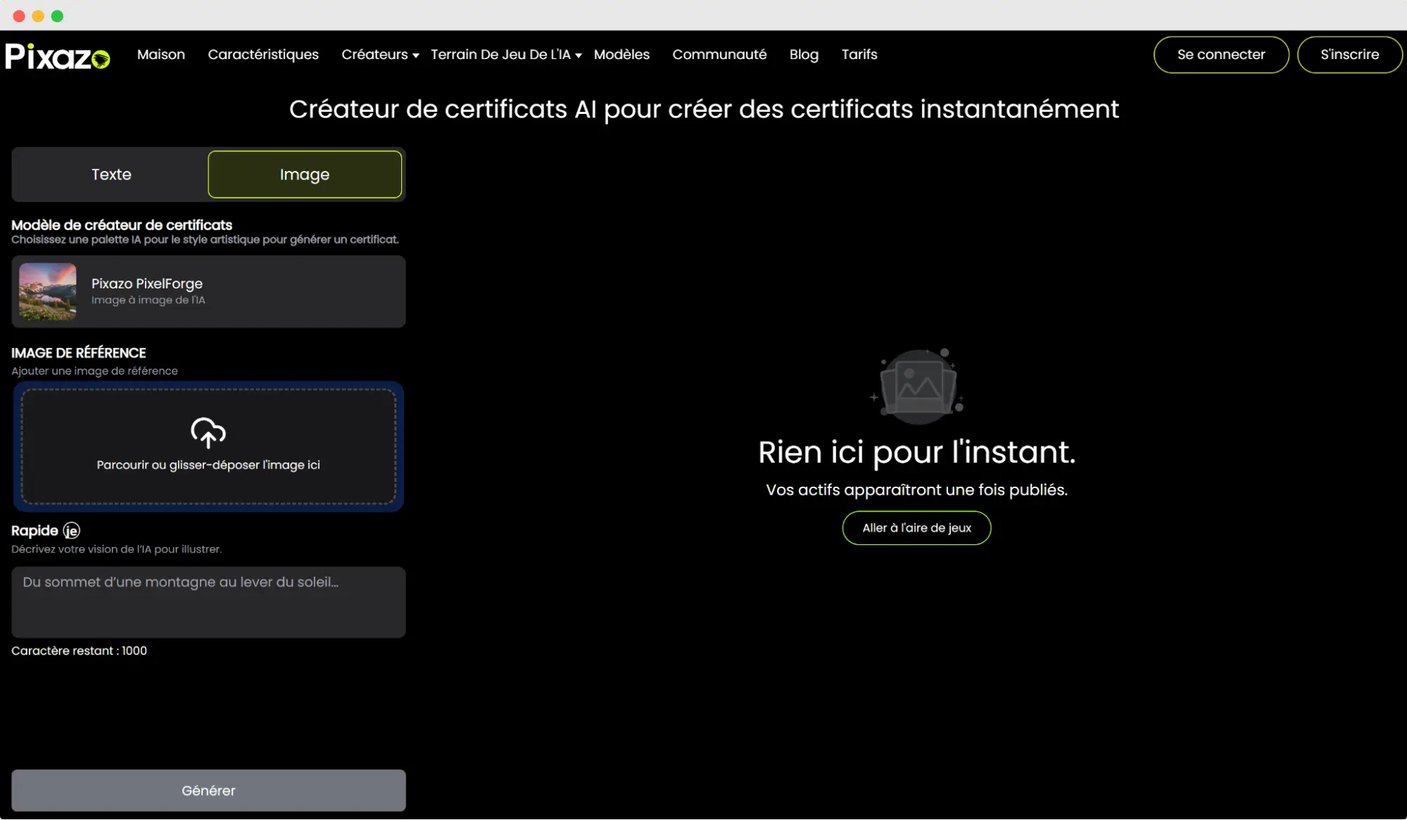 Page d’accueil du générateur de certificat Pixazo, montrant la création de certificats numériques par intelligence artificielle via prompt texte ou modèle personnalisable.