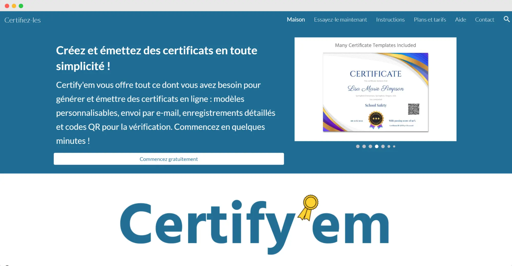Page d’accueil de Certify’em montrant un générateur de certificat gratuit intégré à Google Forms pour automatiser la création, l’envoi et la vérification de certificats numériques.