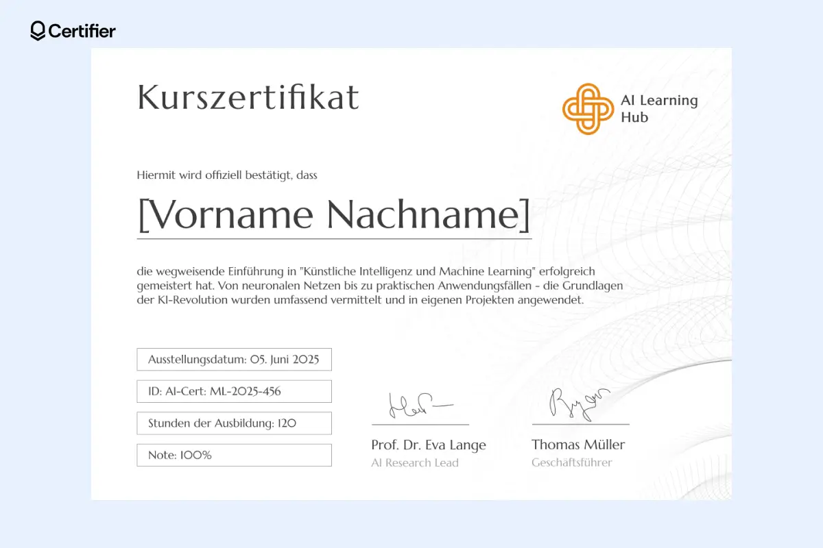Minimalistisches Design mit gelben Elementen sowie Platz für Logo, Kurstitel und Unterschriften.