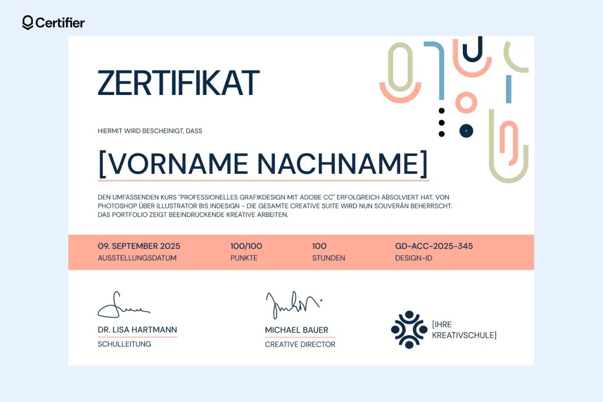 Vorlage zum Ausdrucken mit ornamentalen Details und rosa Balken zur Hervorhebung der wichtigsten Infos.
