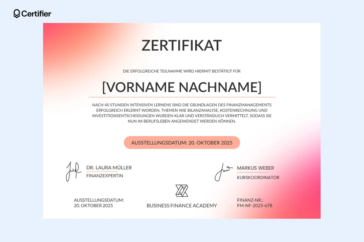 Rosa Zertifikat mit Farbverlauf in den diagonalen Ecken und hervorgehobenem Designkern in der Mitte.