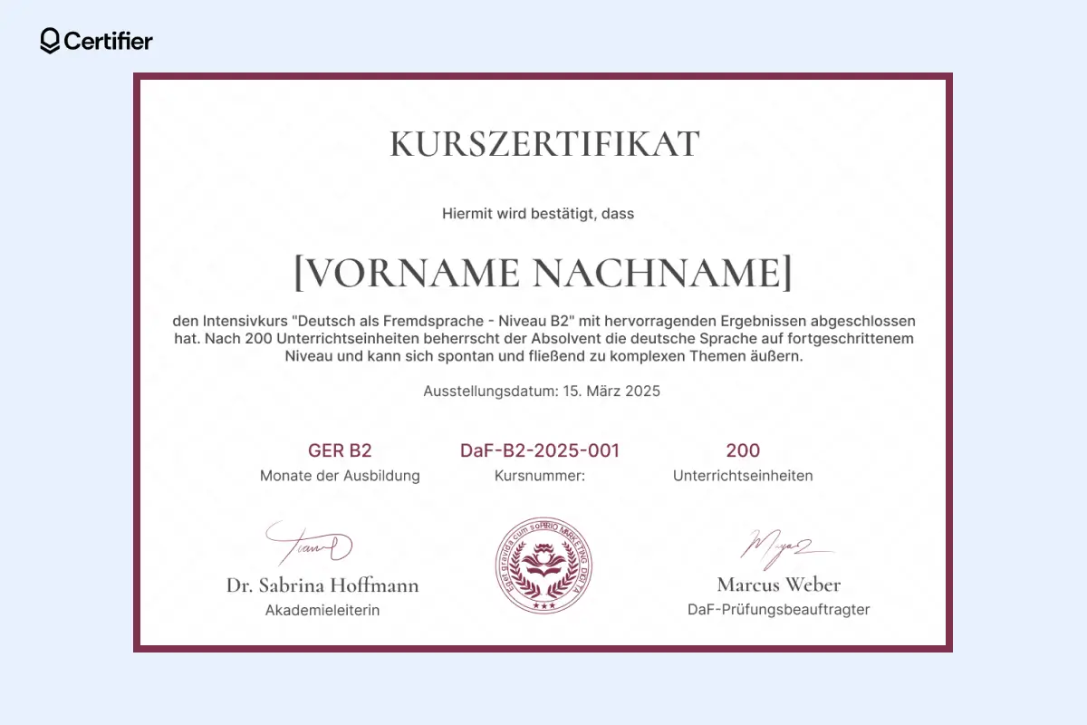 Moderne Vorlage mit weißem Hintergrund, roter Typografie, passendem Siegel und hervorgehobenen Kursdetails.