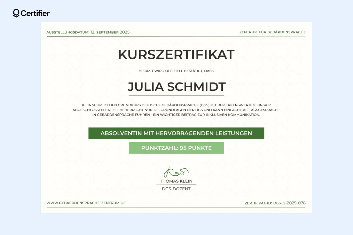 Kurszertifikat Vorlage im IT-Stil mit grünen Elementen in der Mitte und an den Ecken.