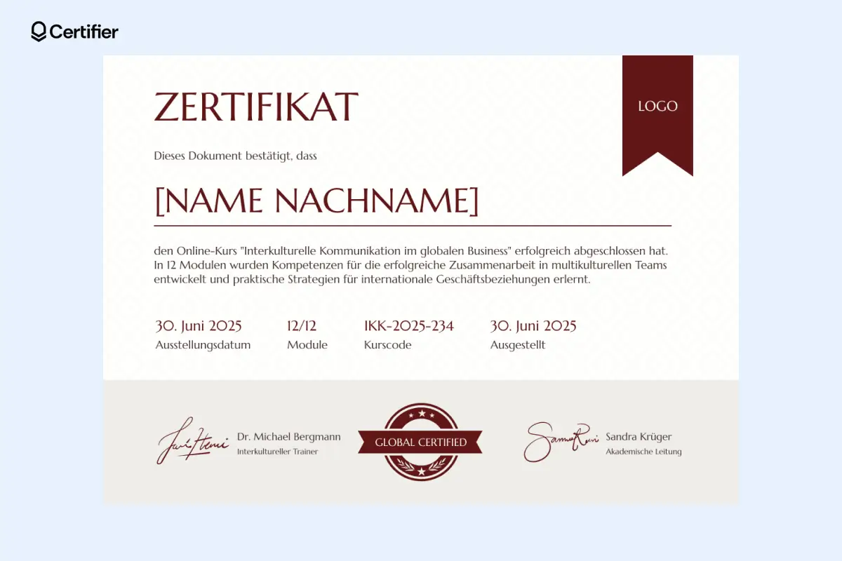 IT-Zertifikat mit beiger Dekorleiste, Unterschriften im unteren Bereich und Trennlinie zwischen Namen und Details.
