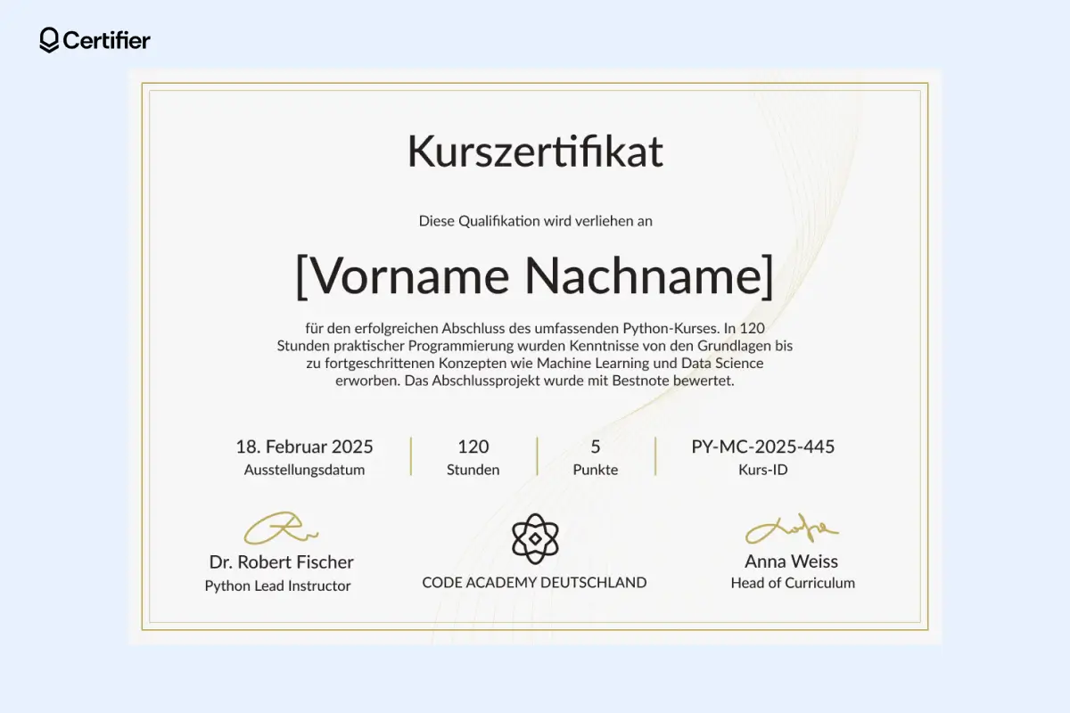 Gelbe Vorlage mit vertikalen Linien zur Trennung der Kursdetails, zentriertem Logo zwischen zwei Unterschriften.