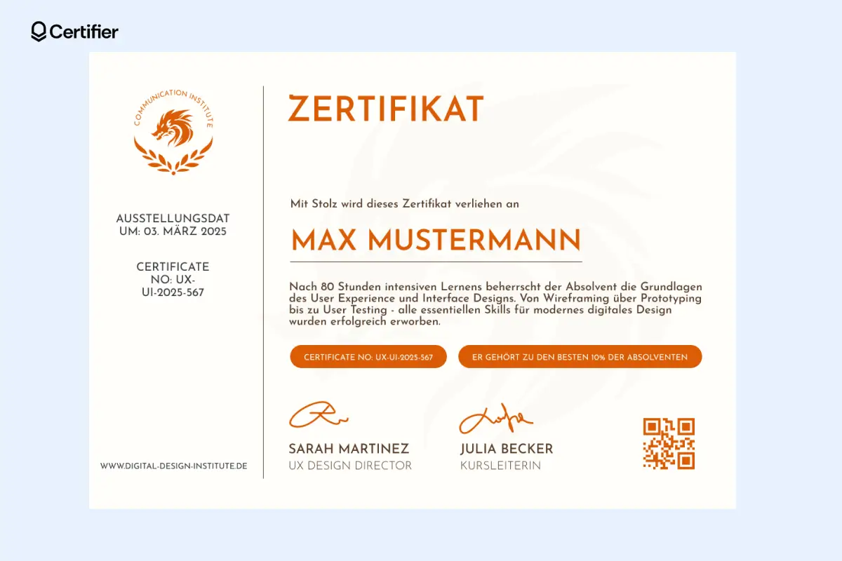 Zertifikat mit hellem orangefarbenem Hintergrund und lebendigen Elementen, durch eine feine Linie getrennt, mit Logo auf der linken Seite.