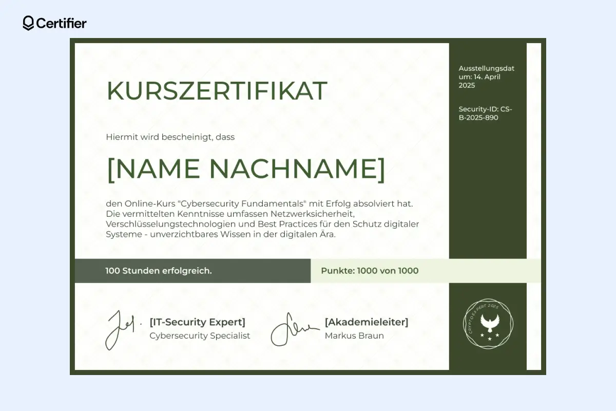 Anerkennungszertifikat mit hellgrünem Hintergrund und dekorativen Elementen, die die wichtigsten Informationen hervorheben.