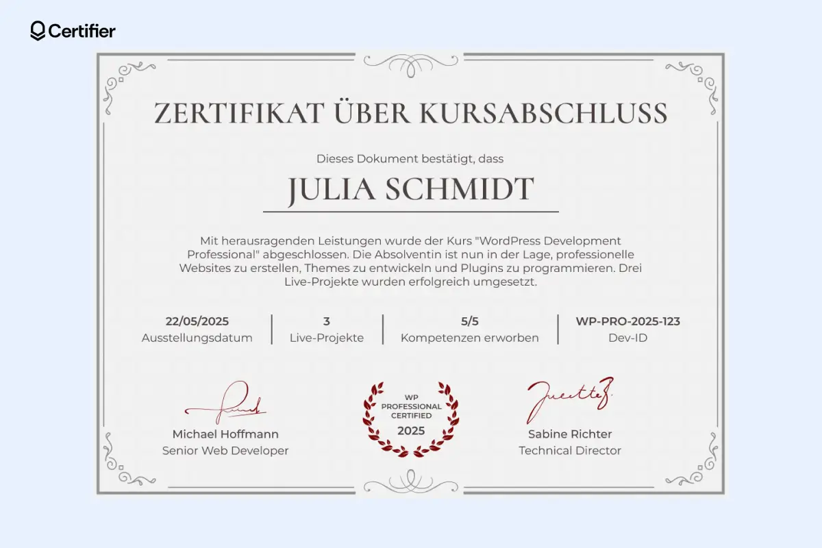 Vorlage mit dekorativem Rahmen, feiner Typografie und roten Elementen im unteren Bereich.