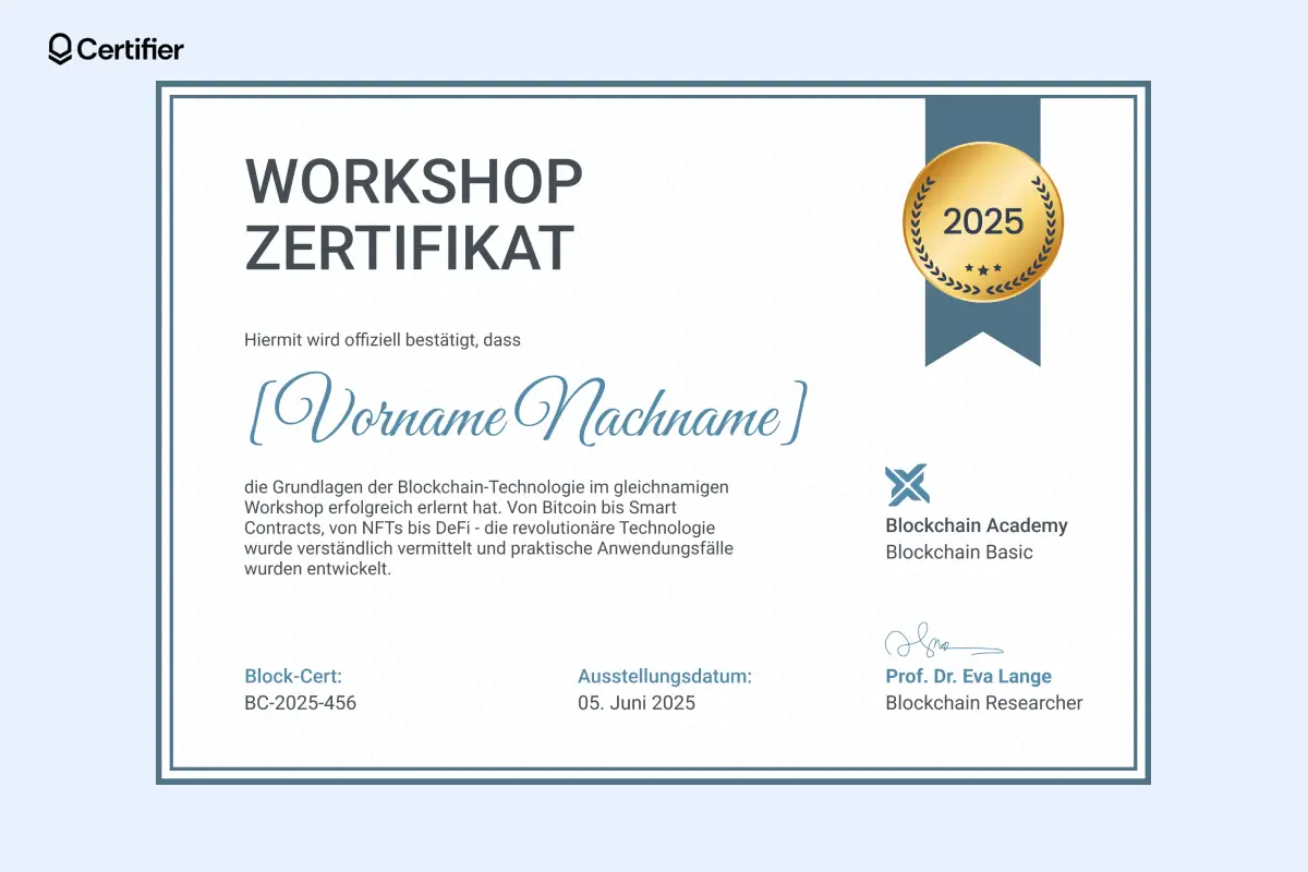 Zertifikat Workshop Vorlage mit blauem Rahmen, klarer Typografie und goldener Auszeichnung. Zertifikat Workshop Vorlage mit blauem Rahmen, klarer Typografie und goldener Auszeichnung.