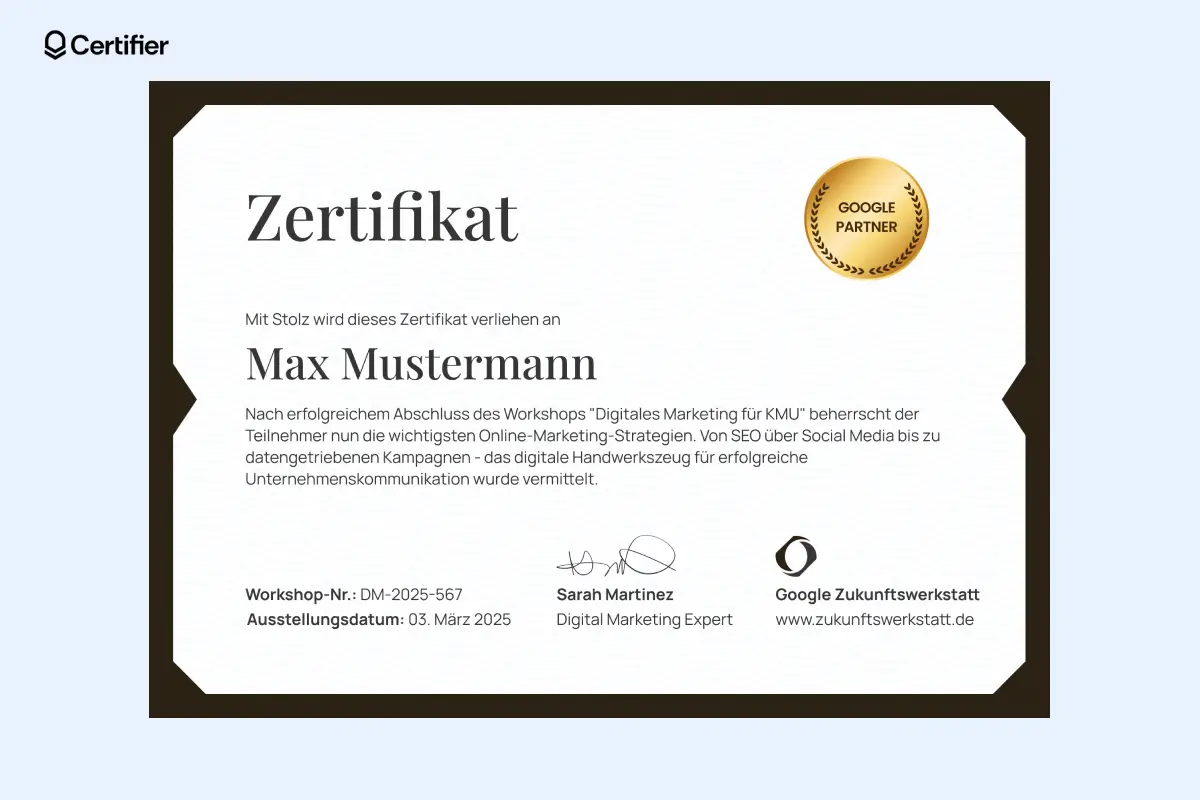 Zertifikat Workshop Vorlage mit goldener Auszeichnung und starkem Kontrast Zertifikat Workshop Vorlage mit goldener Auszeichnung und starkem Kontrast