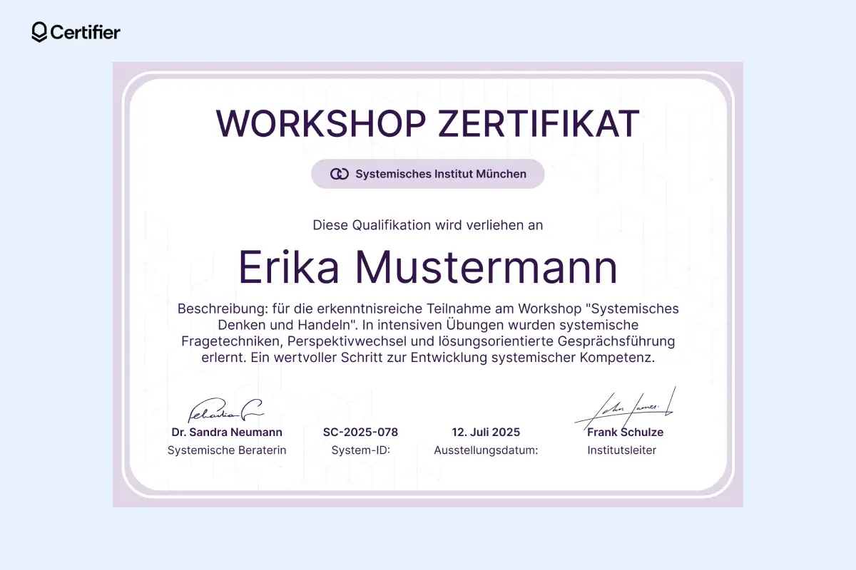 Zertifikat Workshop Vorlage in Violett mit Platz für Logo, Namen und Signaturen. Zertifikat Workshop Vorlage in Violett mit Platz für Logo, Namen und Signaturen.