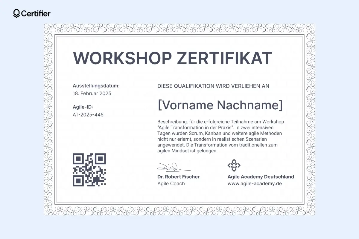 Zertifikat Workshop Vorlage mit großem QR-Code und klarer Textstruktur. Zertifikat Workshop Vorlage mit großem QR-Code und klarer Textstruktur.