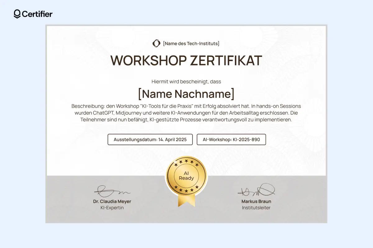 Zertifikat Workshop Vorlage mit goldener Auszeichnung und professionellem Layout. Zertifikat Workshop Vorlage mit goldener Auszeichnung und professionellem Layout.