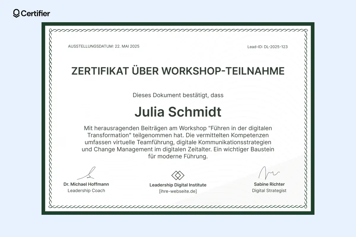 Zertifikat Workshop Vorlage mit klarer Struktur, Namen und Unterschriften. Zertifikat Workshop Vorlage mit klarer Struktur, Namen und Unterschriften.