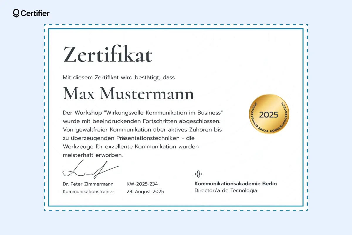 Zertifikat Workshop Vorlage mit zweifarbigem Rahmen und großzügigem Unterschriftsfeld. Zertifikat Workshop Vorlage mit zweifarbigem Rahmen und großzügigem Unterschriftsfeld.
