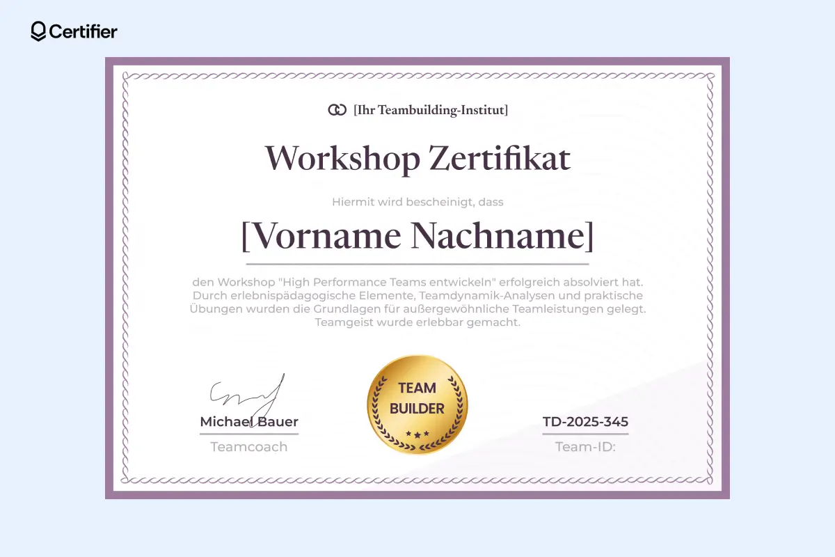 Zertifikat Workshop Vorlagee mit digitaler Signatur, Zertifikatsnummer und professionellem Design. Zertifikat Workshop Vorlagee mit digitaler Signatur, Zertifikatsnummer und professionellem Design.