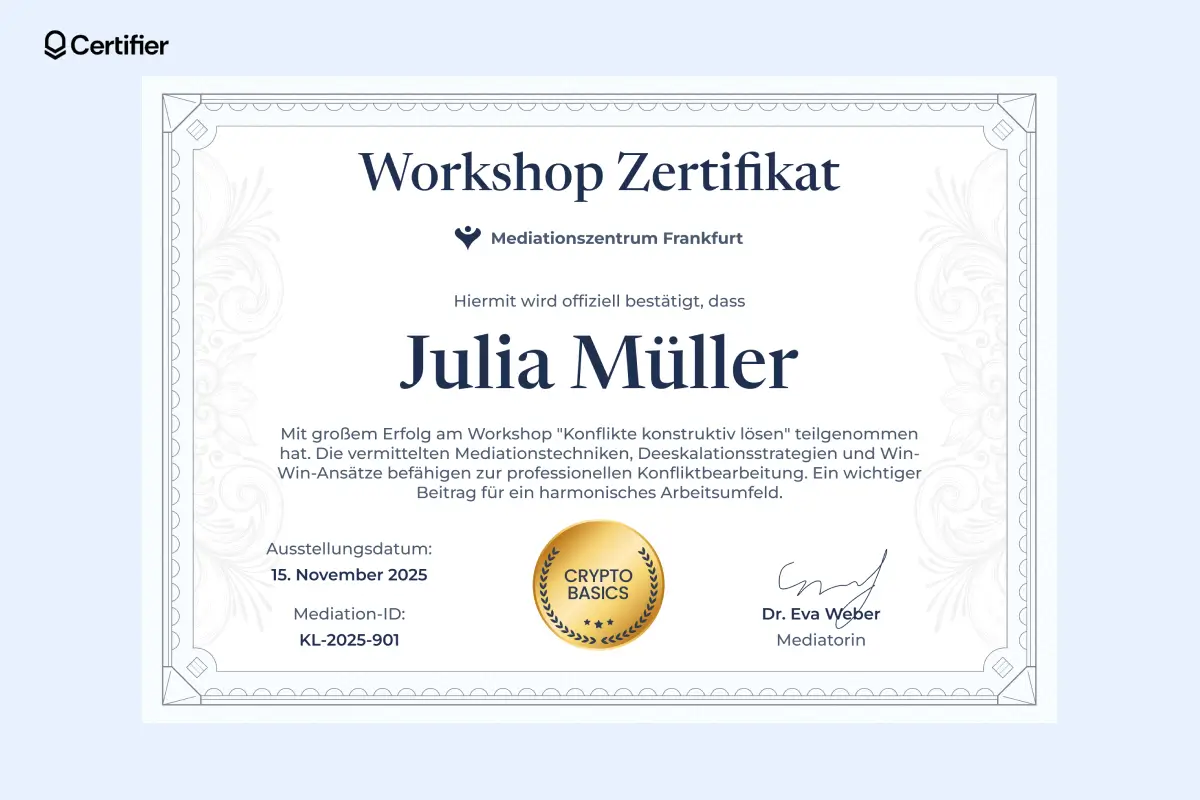 Zertifikat Workshop Vorlage mit dekorativem Hintergrund, goldener Auszeichnung und Signaturfläche. Zertifikat Workshop Vorlage mit dekorativem Hintergrund, goldener Auszeichnung und Signaturfläche.