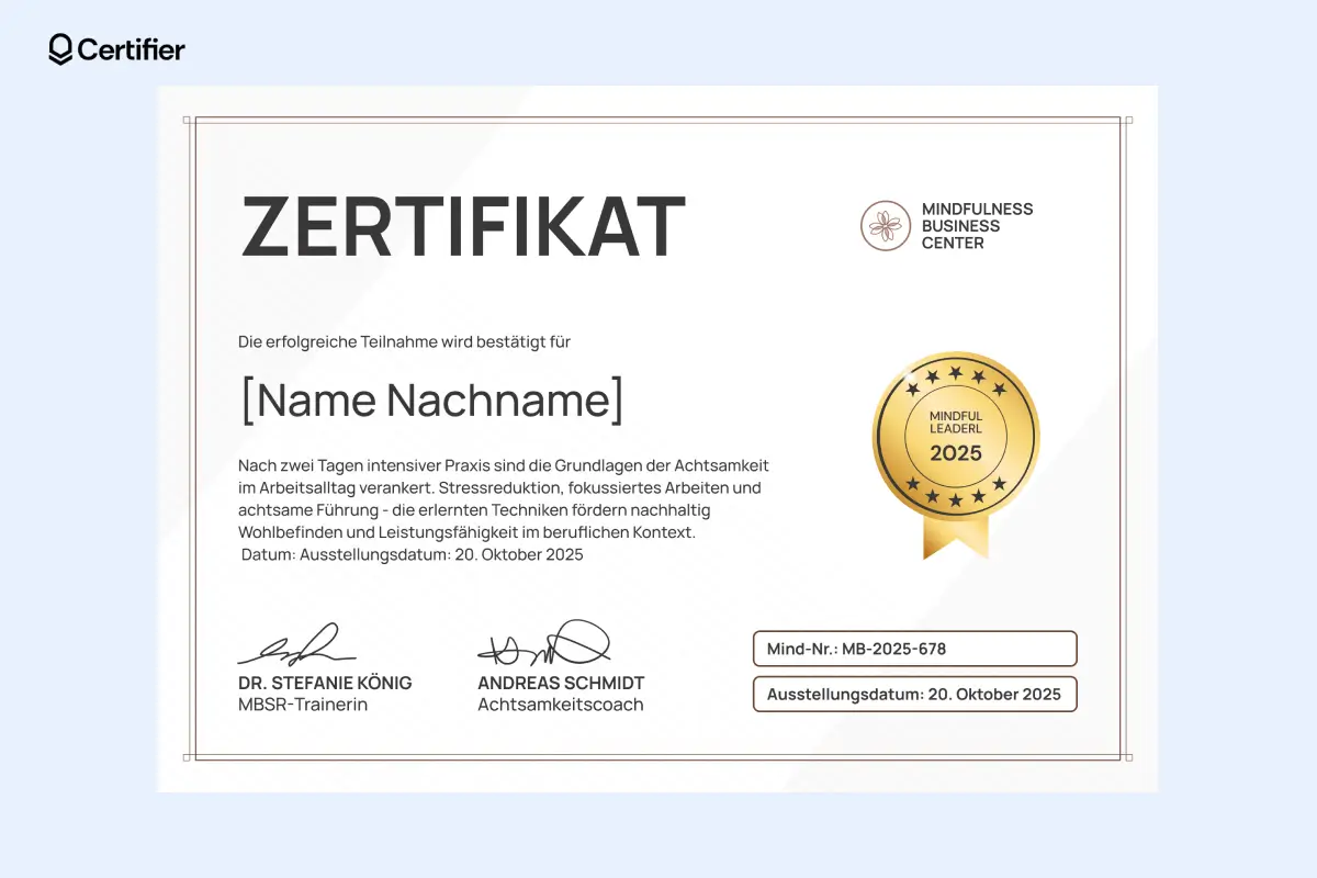 Zertifikat Workshop Vorlage in neutralen Beigetönen mit Zertifikats-ID und Ausstellungsdatum. Zertifikat Workshop Vorlage in neutralen Beigetönen mit Zertifikats-ID und Ausstellungsdatum.