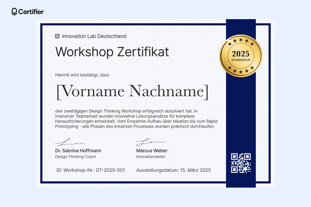 Zertifikat Workshop Vorlage mit dunkelblauem Band, goldenem Siegel und QR-Code. Zertifikat Workshop Vorlage mit dunkelblauem Band, goldenem Siegel und QR-Code.