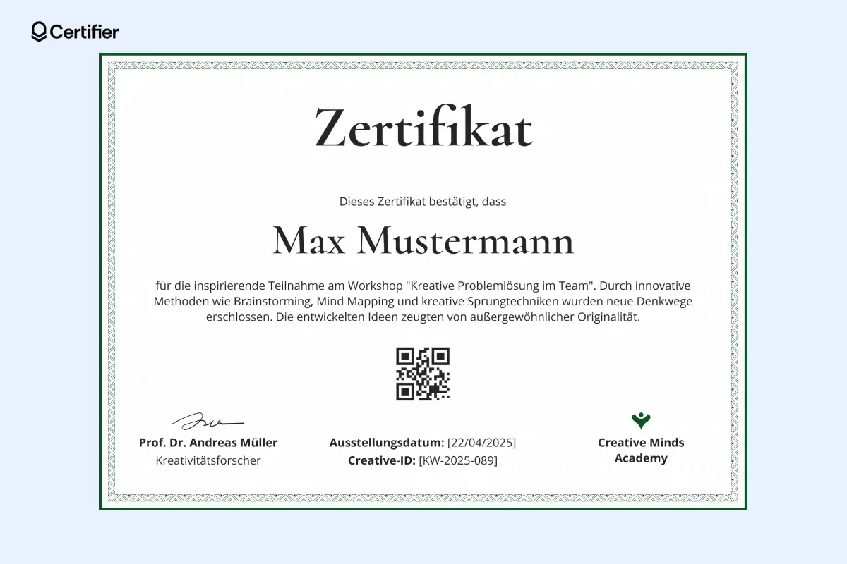 Zertifikat Workshop Vorlage kostenlos mit QR-Code in der Mitte und klarer Struktur. Zertifikat Workshop Vorlage kostenlos mit QR-Code in der Mitte und klarer Struktur.