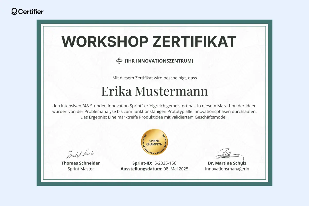 Zertifikat Workshop Vorlage in Grün mit goldenem Siegel und Platz für Unterschriften. Zertifikat Workshop Vorlage in Grün mit goldenem Siegel und Platz für Unterschriften.