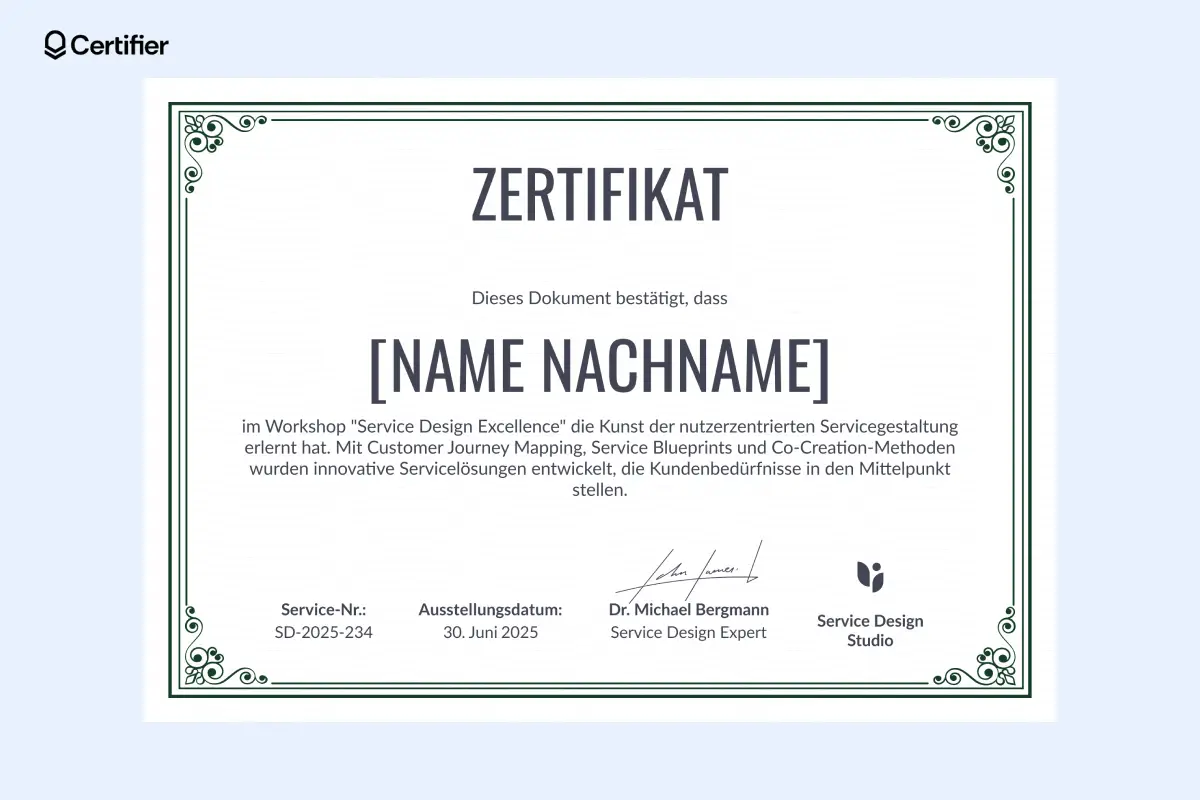 Zertifikat Workshop Vorlage mit dekorativem Rahmen und Raum für Logo und Unterschriften. Zertifikat Workshop Vorlage mit dekorativem Rahmen und Raum für Logo und Unterschriften.