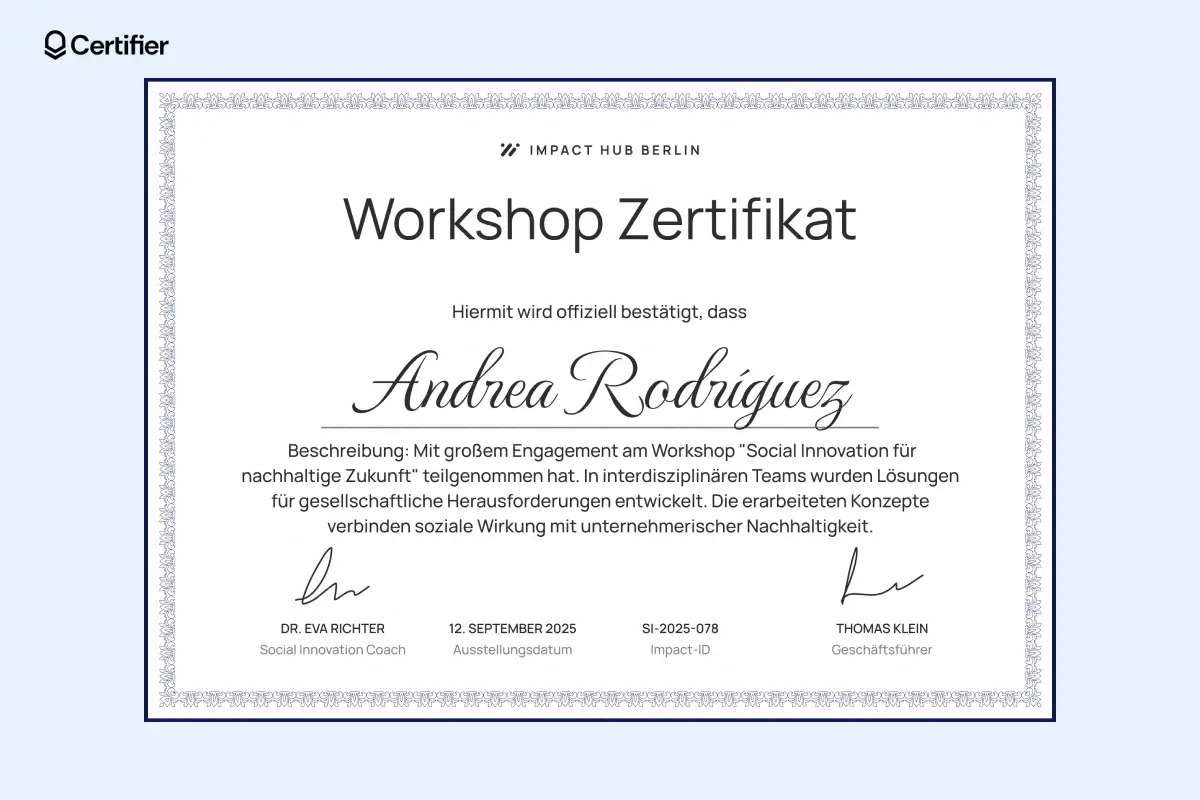 Zertifikat Workshop Vorlage mit zentral platziertem Namen und dekorativem Rahmen. Zertifikat Workshop Vorlage mit zentral platziertem Namen und dekorativem Rahmen.