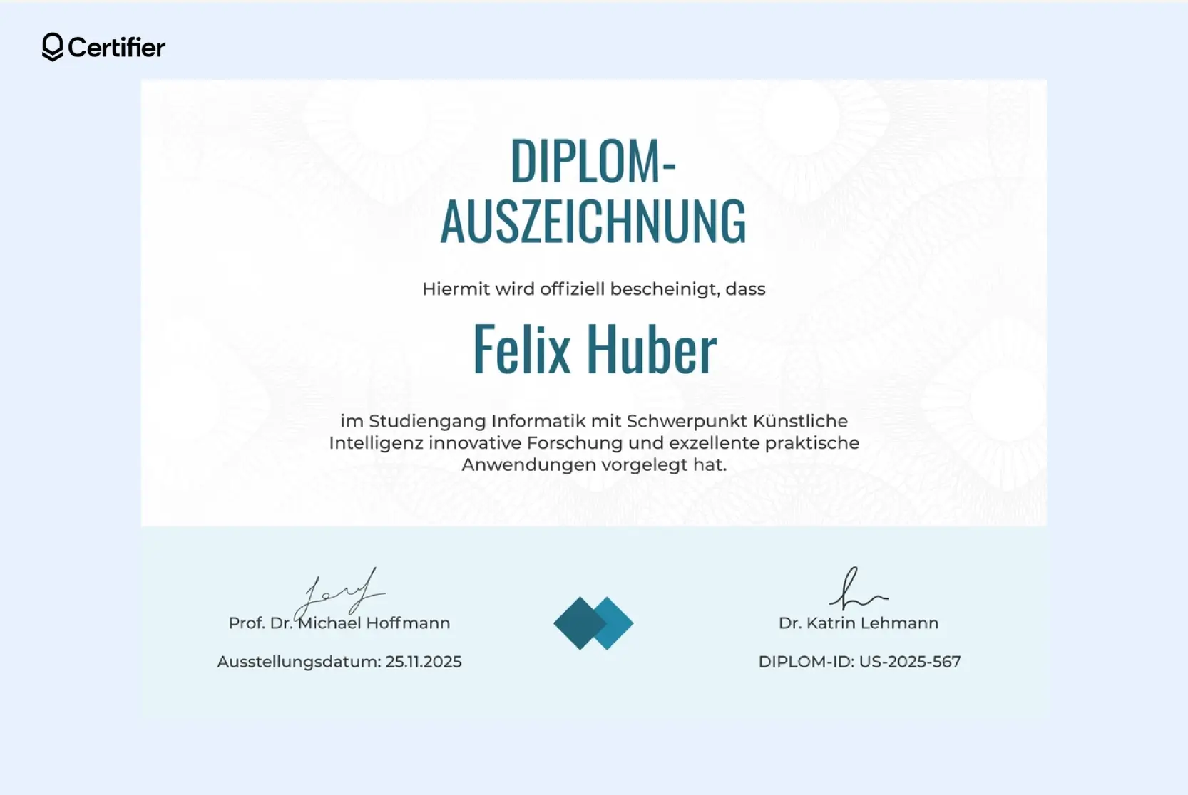 Formales Word Vorlage Zertifikat mit blauem Rahmen und Platz für ein Logo. Formales Word Vorlage Zertifikat mit blauem Rahmen und Platz für ein Logo.