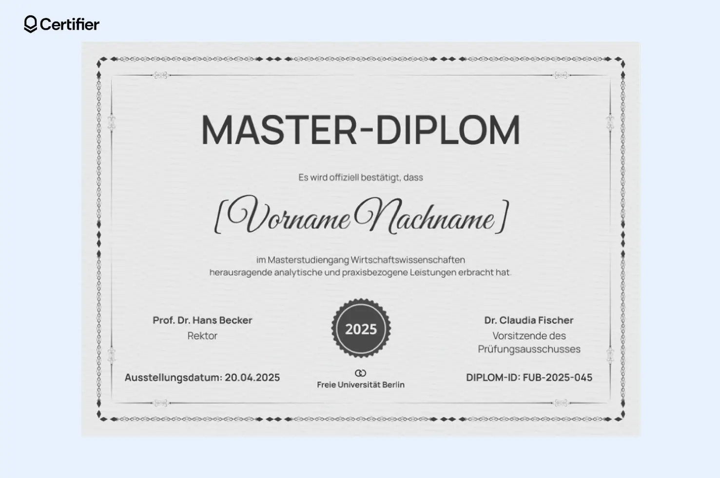 Formales Zertifikat in Word mit eleganter Typografie und Platz für Unterschriften. Formales Zertifikat in Word mit eleganter Typografie und Platz für Unterschriften.