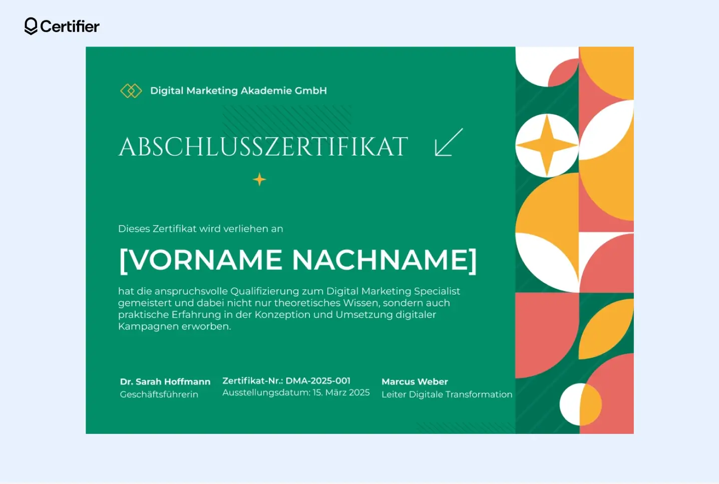 Zertifikat Word Vorlage für Abschlüsse mit klarem Design und grünem Abzeichen. Zertifikat Word Vorlage für Abschlüsse mit klarem Design und grünem Abzeichen.