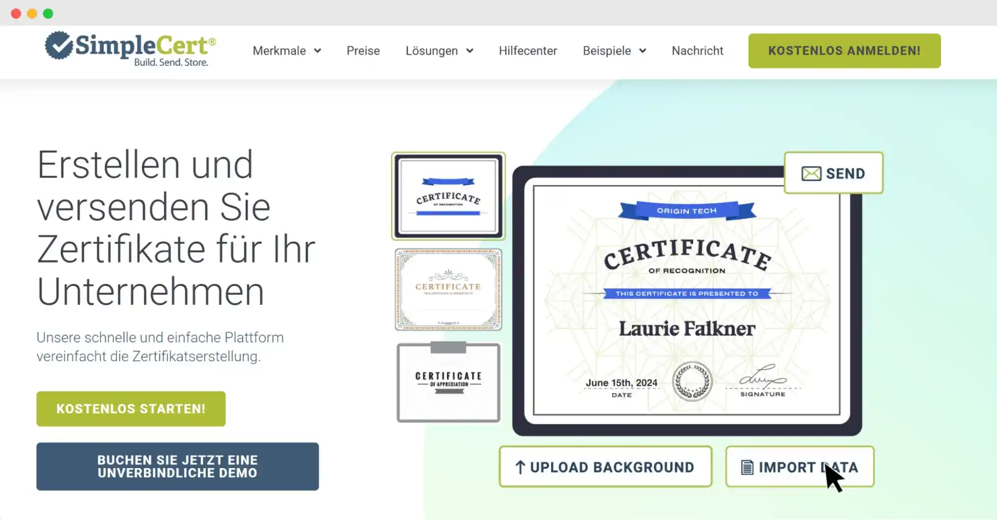Digitaler Zertifikat Generator SimpleCert mit grundlegenden Funktionen zum Erstellen und Versenden von Zertifikaten. Digitaler Zertifikat Generator SimpleCert mit grundlegenden Funktionen zum Erstellen und Versenden von Zertifikaten.