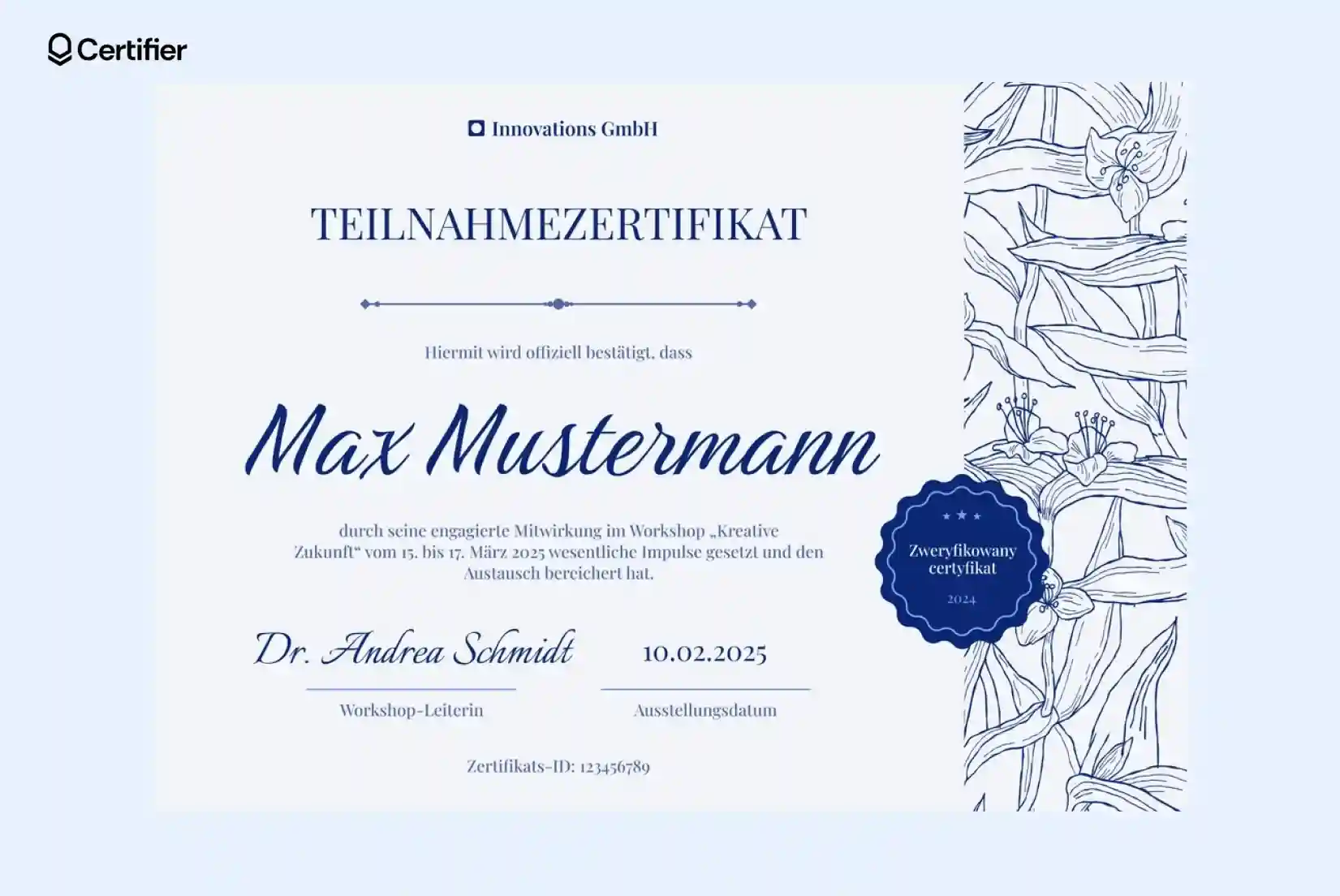 Dies ist eine PowerPoint Vorlage für Zertifikate mit blauen Blumenillustrationen, die eine beruhigende und elegante Atmosphäre vermitteln. Dies ist eine PowerPoint Vorlage für Zertifikate mit blauen Blumenillustrationen, die eine beruhigende und elegante Atmosphäre vermitteln.
