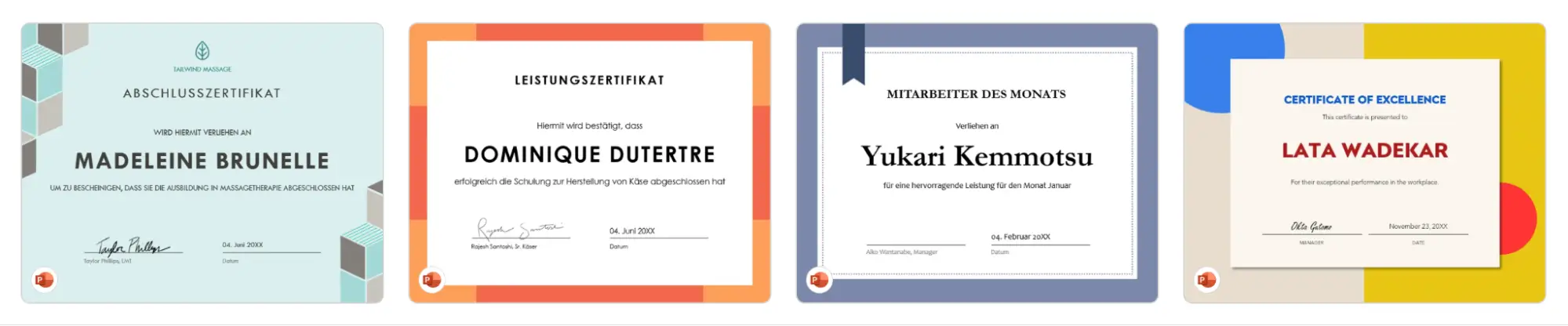 Vier klassische Microsoft Office-Zertifikatvorlagen mit schlichten Layouts für Abschlüsse, Mitarbeiteranerkennung und Exzellenzauszeichnungen. Vier klassische Microsoft Office-Zertifikatvorlagen mit schlichten Layouts für Abschlüsse, Mitarbeiteranerkennung und Exzellenzauszeichnungen.