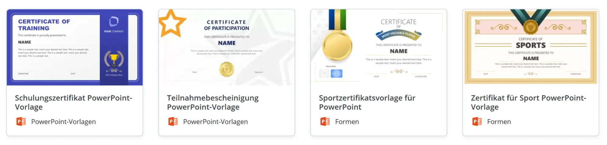 Vier professionelle PowerPoint-Zertifikatsvorlagen von SlideModel für Schulungen, Teilnahmebescheinigungen und sportliche Auszeichnungen im klassischen Stil. Vier professionelle PowerPoint-Zertifikatsvorlagen von SlideModel für Schulungen, Teilnahmebescheinigungen und sportliche Auszeichnungen im klassischen Stil.