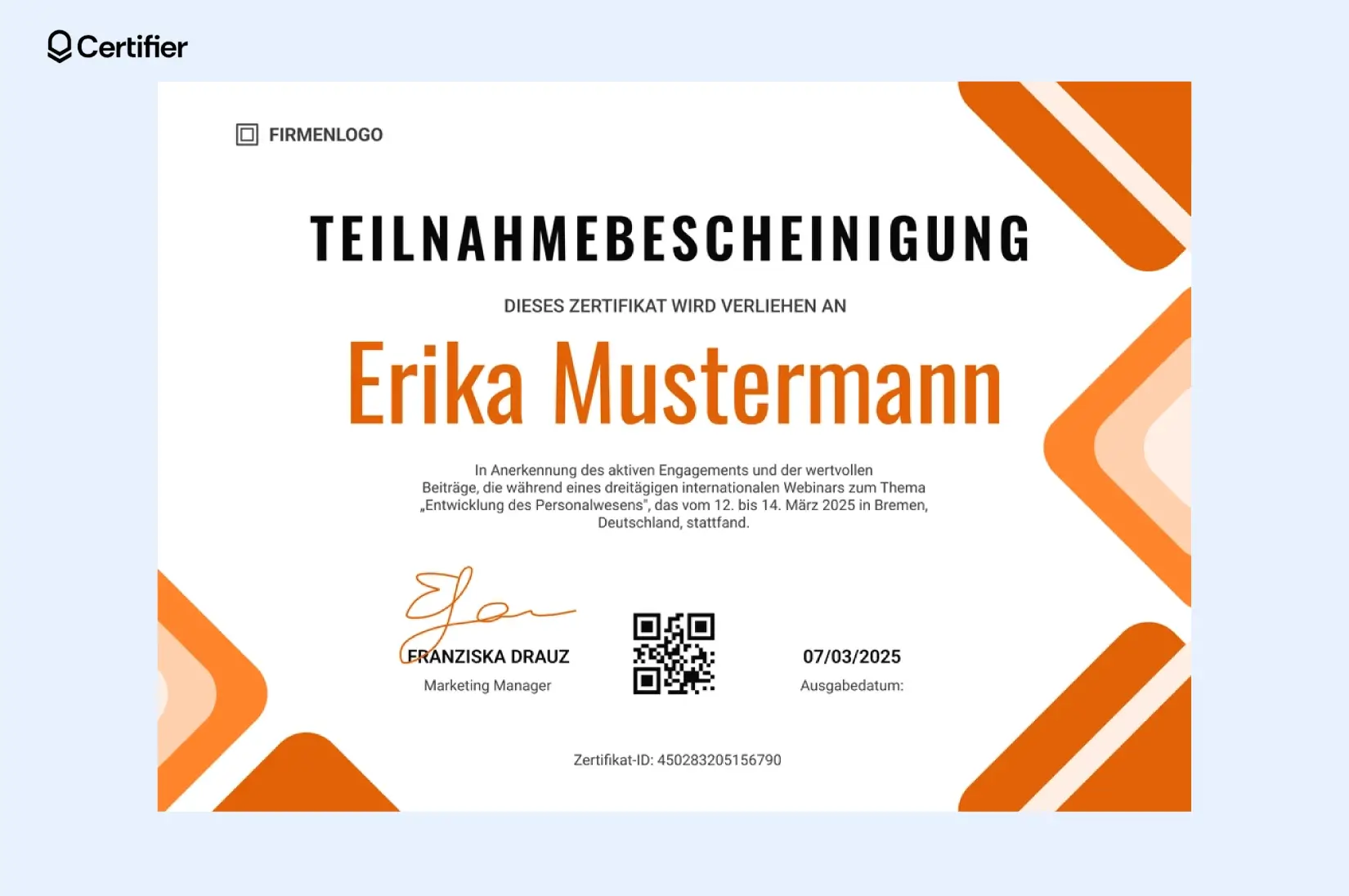Zertifikat Vorlage in PowerPoint mit weiß-orangefarbenem Design für kreative Events. Zertifikat Vorlage in PowerPoint mit weiß-orangefarbenem Design für kreative Events.