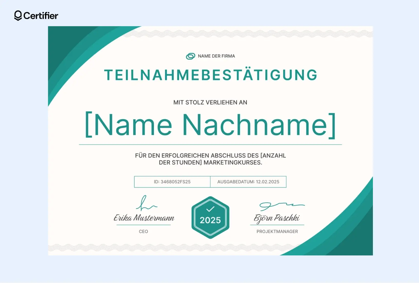 PowerPoint Zertifikat Vorlage mit türkisfarbenem Rand und modernem Design. PowerPoint Zertifikat Vorlage mit türkisfarbenem Rand und modernem Design.