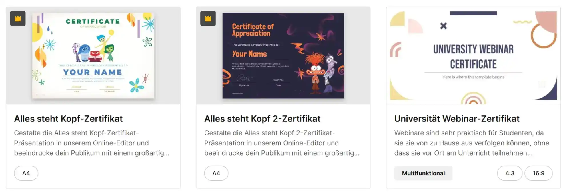 Drei kreative Zertifikatvorlagen von Slidesgo, darunter zwei farbenfrohe Designs im Stil von „Alles steht Kopf“ und ein modernes Webinar-Zertifikat für Universitäten. Drei kreative Zertifikatvorlagen von Slidesgo, darunter zwei farbenfrohe Designs im Stil von „Alles steht Kopf“ und ein modernes Webinar-Zertifikat für Universitäten.