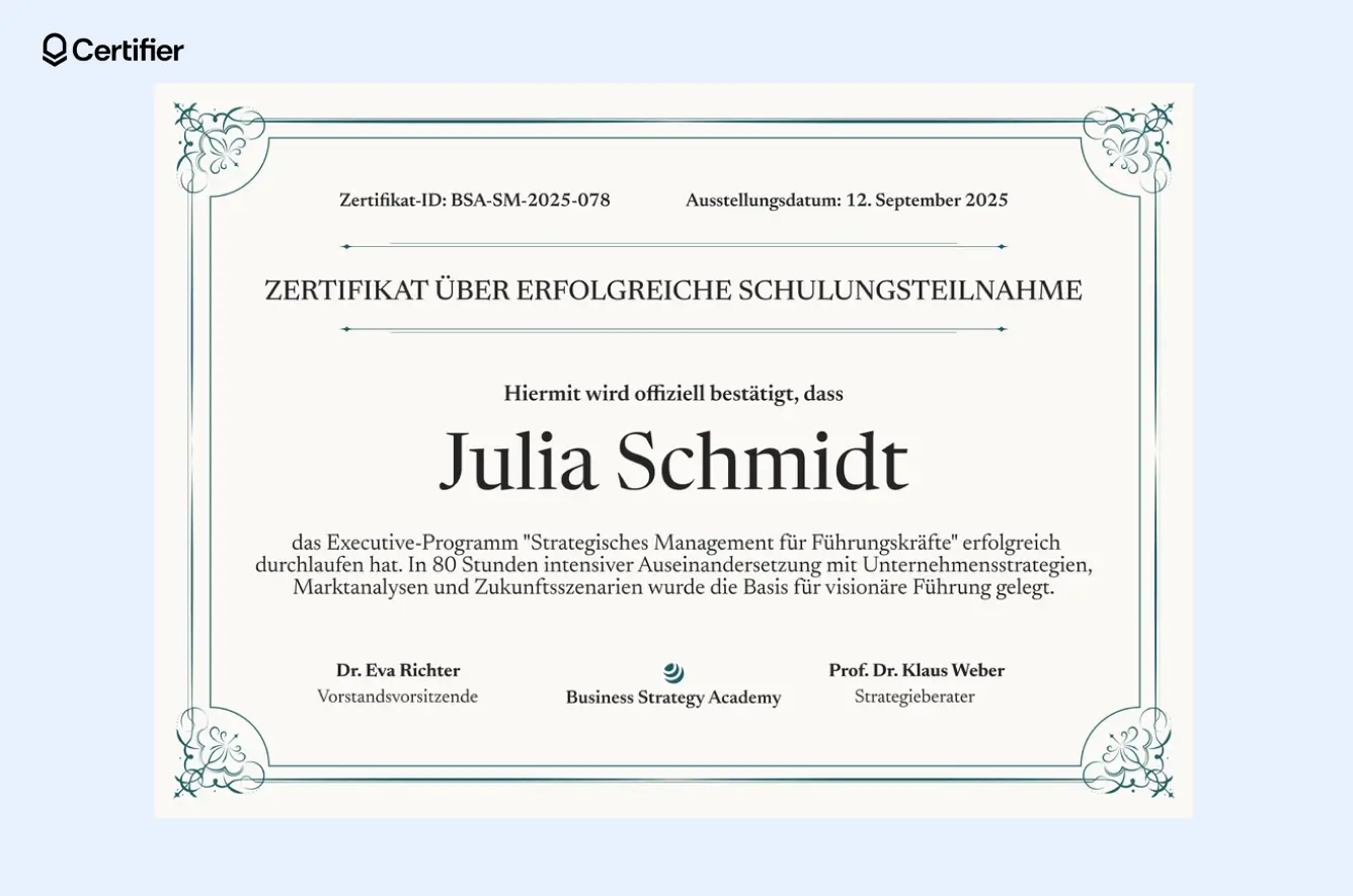 PowerPoint Vorlage Zertifikat mit klassischem Layout in Blau – ideal für Intensivkurse und Business-Schulungen. PowerPoint Vorlage Zertifikat mit klassischem Layout in Blau – ideal für Intensivkurse und Business-Schulungen.