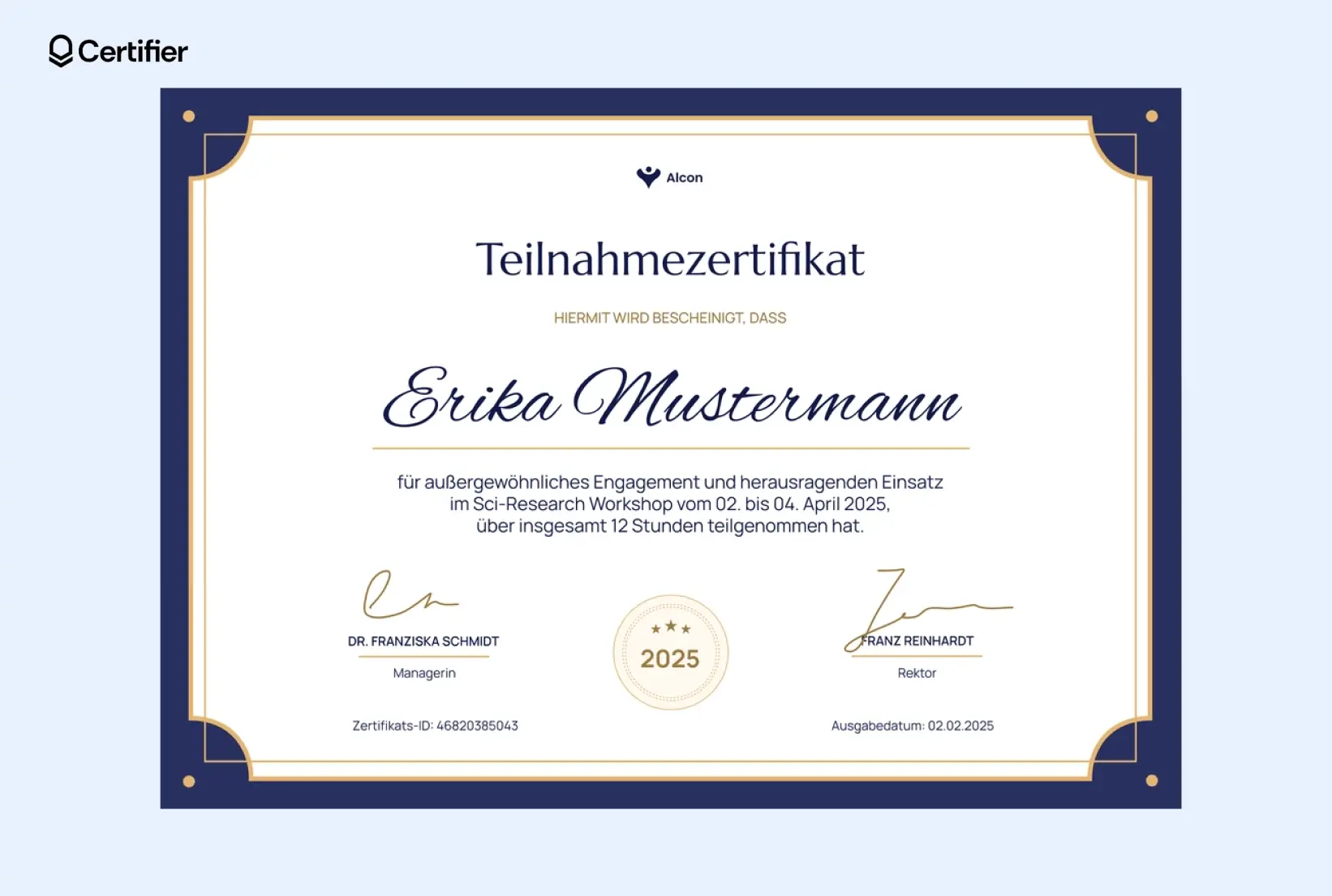 Klassisches Zertifikat in PowerPoint mit dunkelblauem Rand – perfekt für Workshops und akademische Veranstaltungen. Klassisches Zertifikat in PowerPoint mit dunkelblauem Rand – perfekt für Workshops und akademische Veranstaltungen.