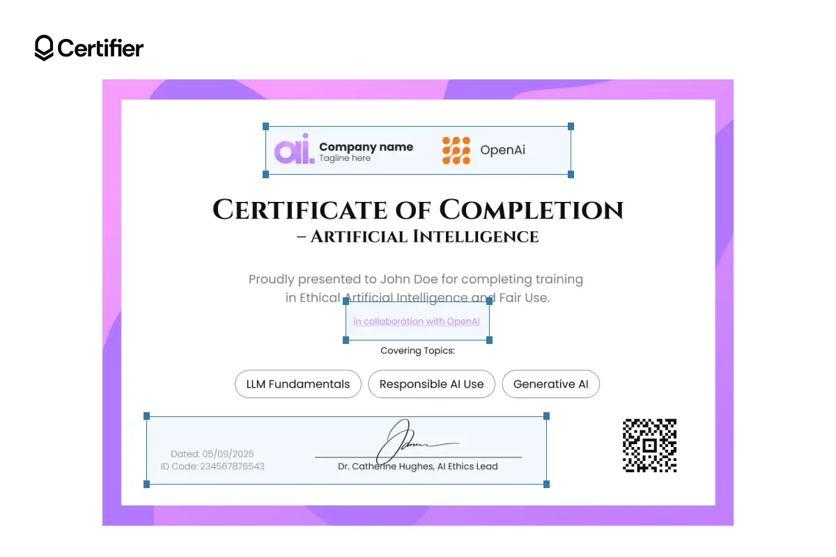 An AI certificate template with editable fields that allows for issuing branded certificates; ideal for HR teams, online courses, highlighting employee recognition. An AI certificate template with editable fields that allows for issuing branded certificates; ideal for HR teams, online courses, highlighting employee recognition.