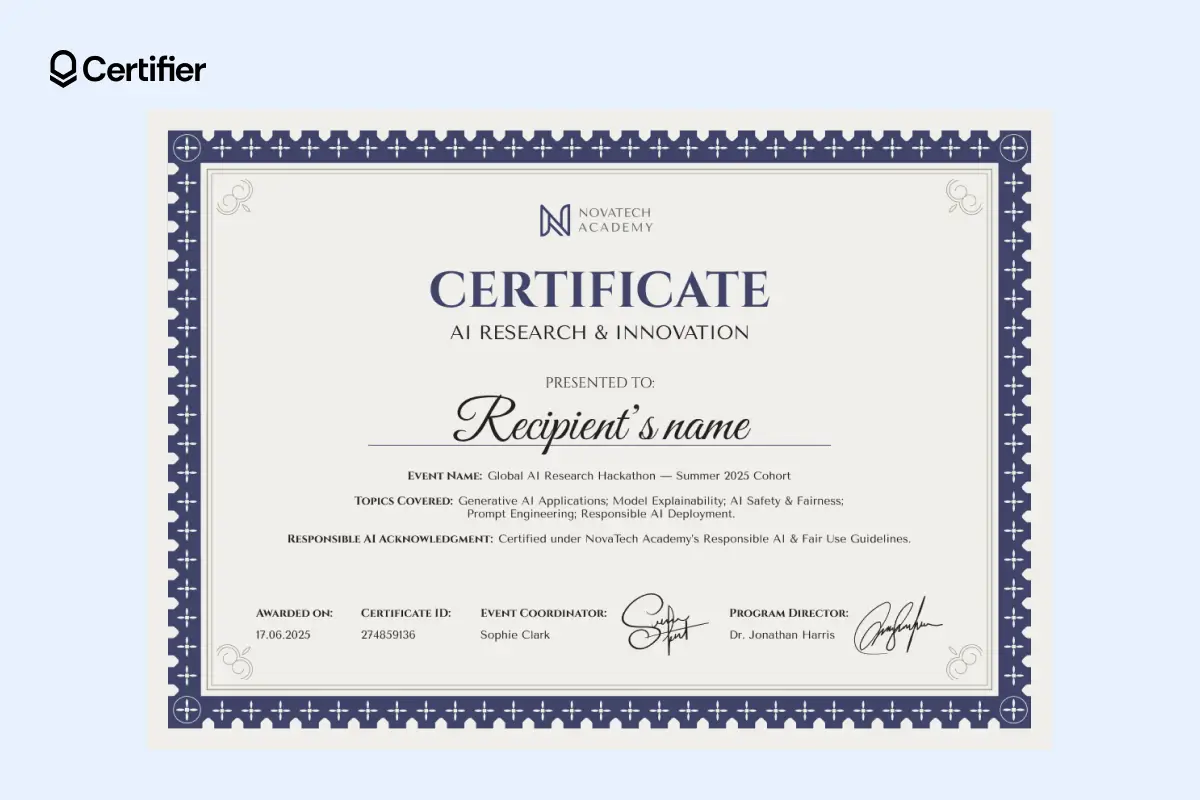 AI hackathon certificate template with a gray background and decorative frame design. AI hackathon certificate template with a gray background and decorative frame design.