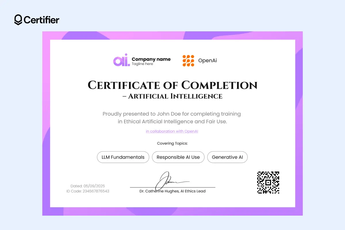 Bright and colorful certificate template AI free download with a purple gradient border, placeholders for two logos, circled course topics for clarity and a QR code for instant verification. Bright and colorful certificate template AI free download with a purple gradient border, placeholders for two logos, circled course topics for clarity and a QR code for instant verification.