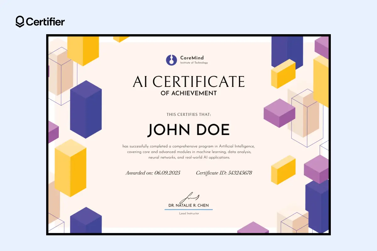 Editable AI certificate template with colorful geometric design and highlighted issue date and ID. Editable AI certificate template with colorful geometric design and highlighted issue date and ID.