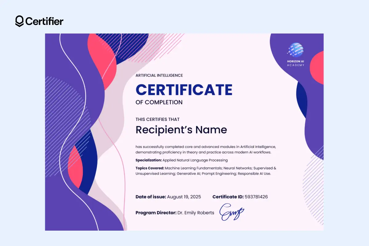 Certificate template AI with vibrant abstract waves for specialization courses; ideal to issue polished certificates. Certificate template AI with vibrant abstract waves for specialization courses; ideal to issue polished certificates.