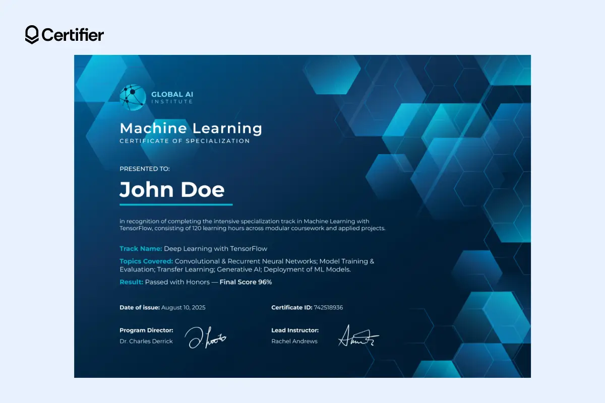 AI certificate template for course completion in deep blue with score field and signature space. AI certificate template for course completion in deep blue with score field and signature space.